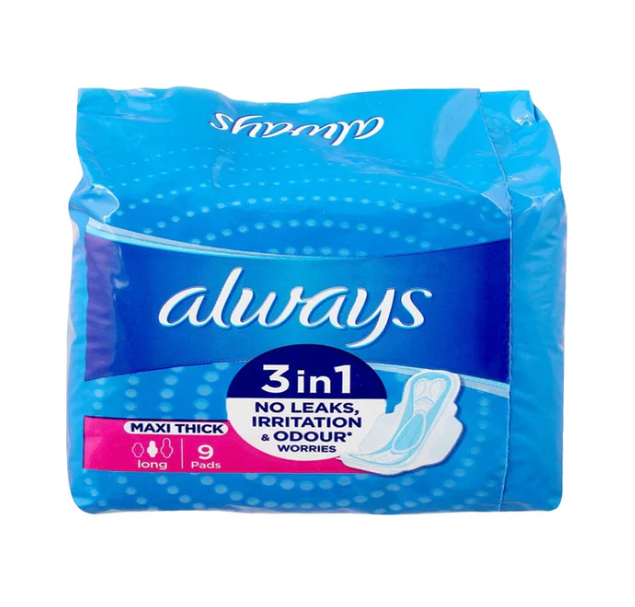 Always 3-in-1 Maxi Thick (Long) Sanitary Pads, 9 Ct