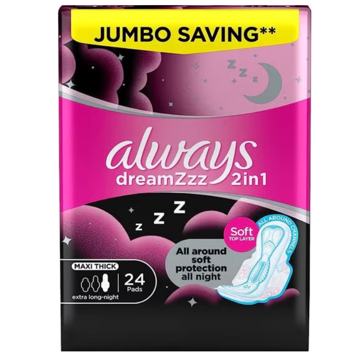 Always Dreamzzz 2-in-1 Maxi Thick (Extra Long-Night) Sanitary Pads, 24 CT